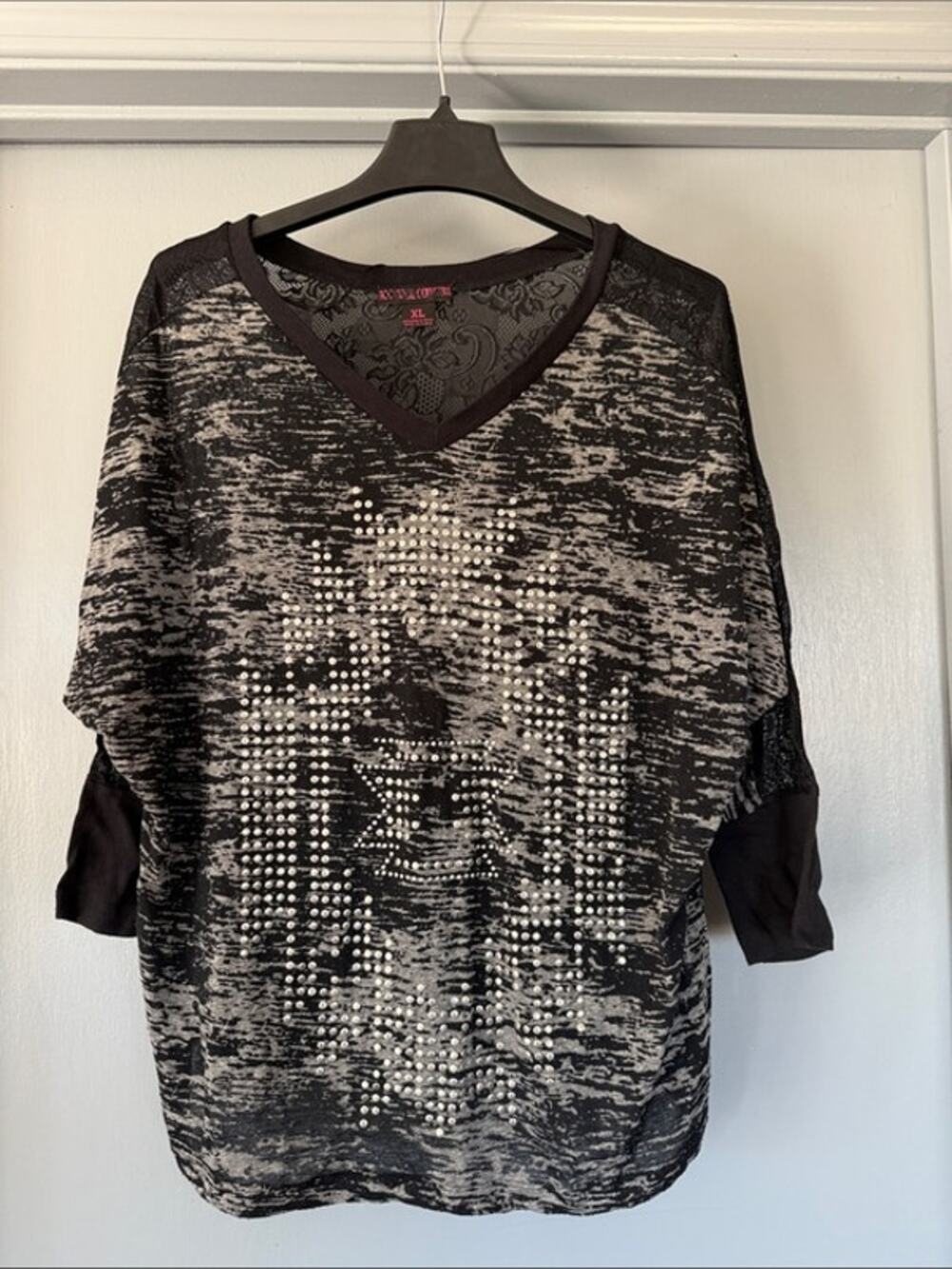 Rock&Roll Cowgirl Black Lace V-Neck 3/4 Sleeve Top sz XL Stretchy Whimsygoth